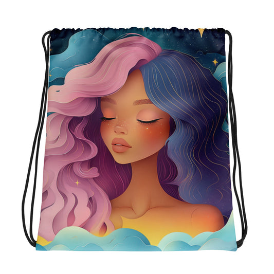 Fantasy black art tote bag featuring African American woman on blue starry background