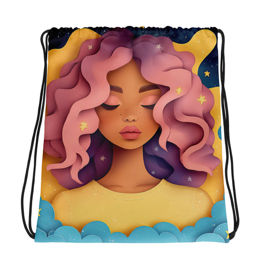 Fantasy black art tote bag featuring African American woman on blue starry background