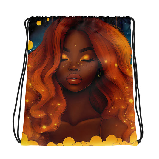 Fantasy black art tote bag featuring African American woman on blue starry background