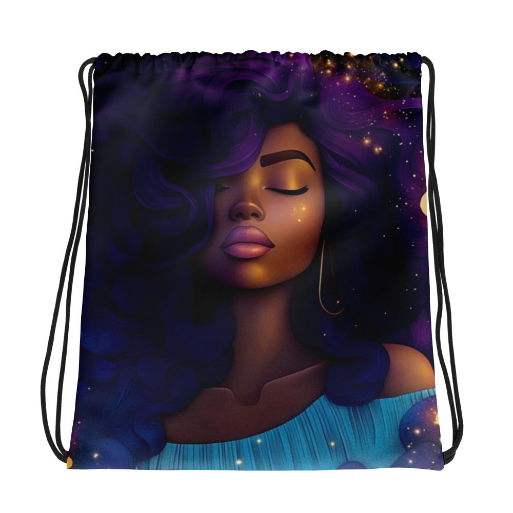 Fantasy black art tote bag featuring African American woman on blue starry background