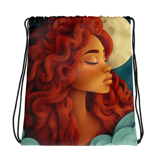 Fantasy black art tote bag featuring African American woman on blue starry background