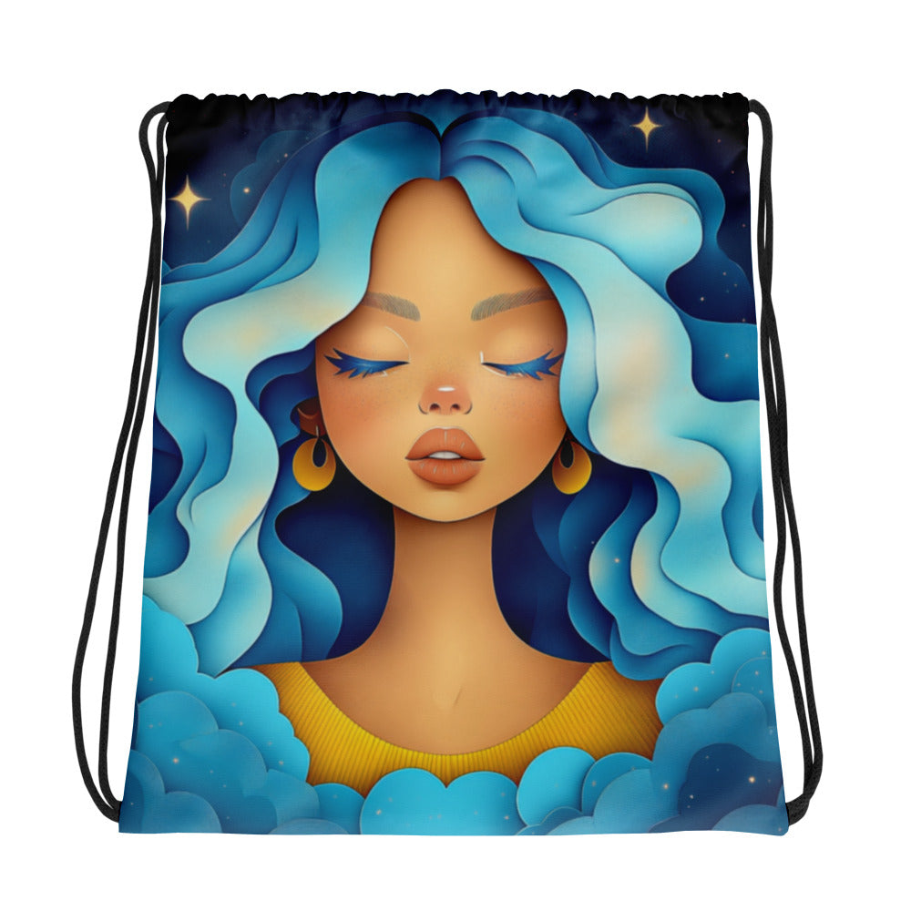 Fantasy black art tote bag featuring African American woman on blue starry background