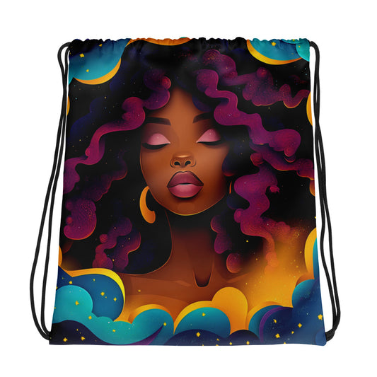 Fantasy black art tote bag featuring African American woman on blue starry background