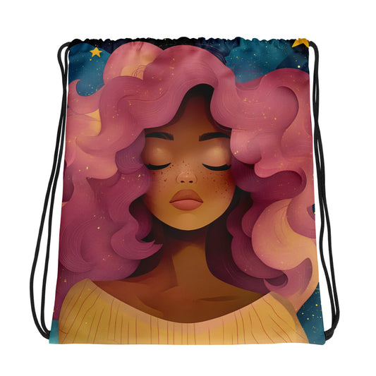 Fantasy black art tote bag featuring African American woman on blue starry background