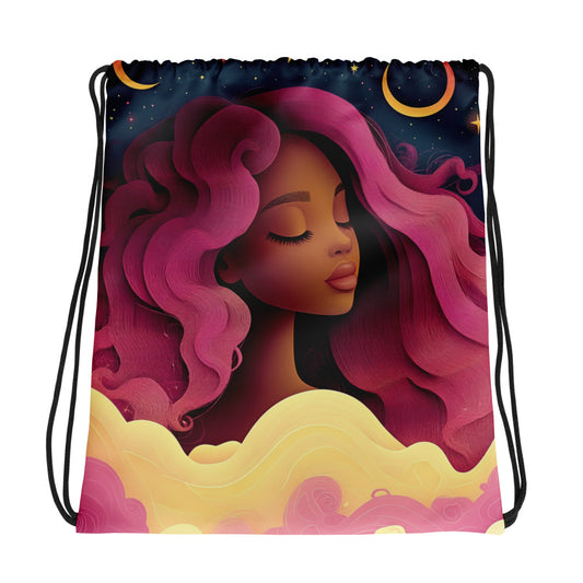 Fantasy black art tote bag featuring African American woman on blue starry background