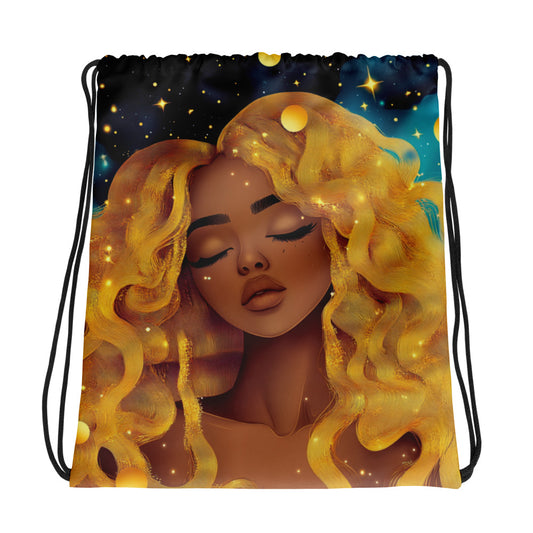 Fantasy black art tote bag featuring African American woman on blue starry background