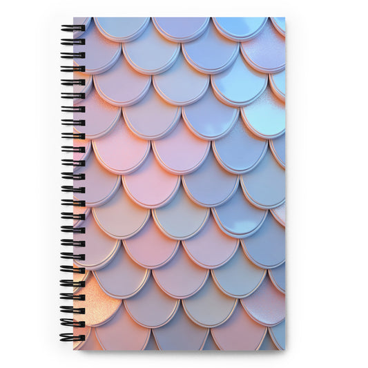 A spiral-bound notebook with a cover illustration of an iridescent mermaid tail pattern.