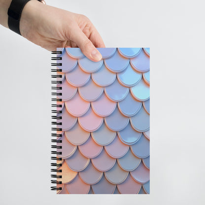 Handheld view of a spiral-bound notebook with a cover illustration of an iridescent mermaid tail pattern.